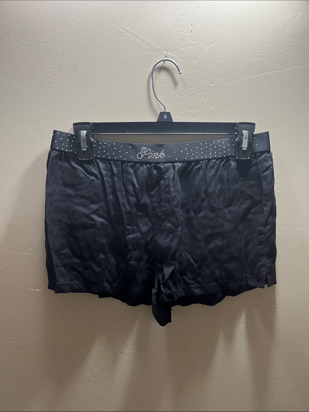 PINK Victoria's Secret Black Satin Lounge Shorts with Studded Waistband